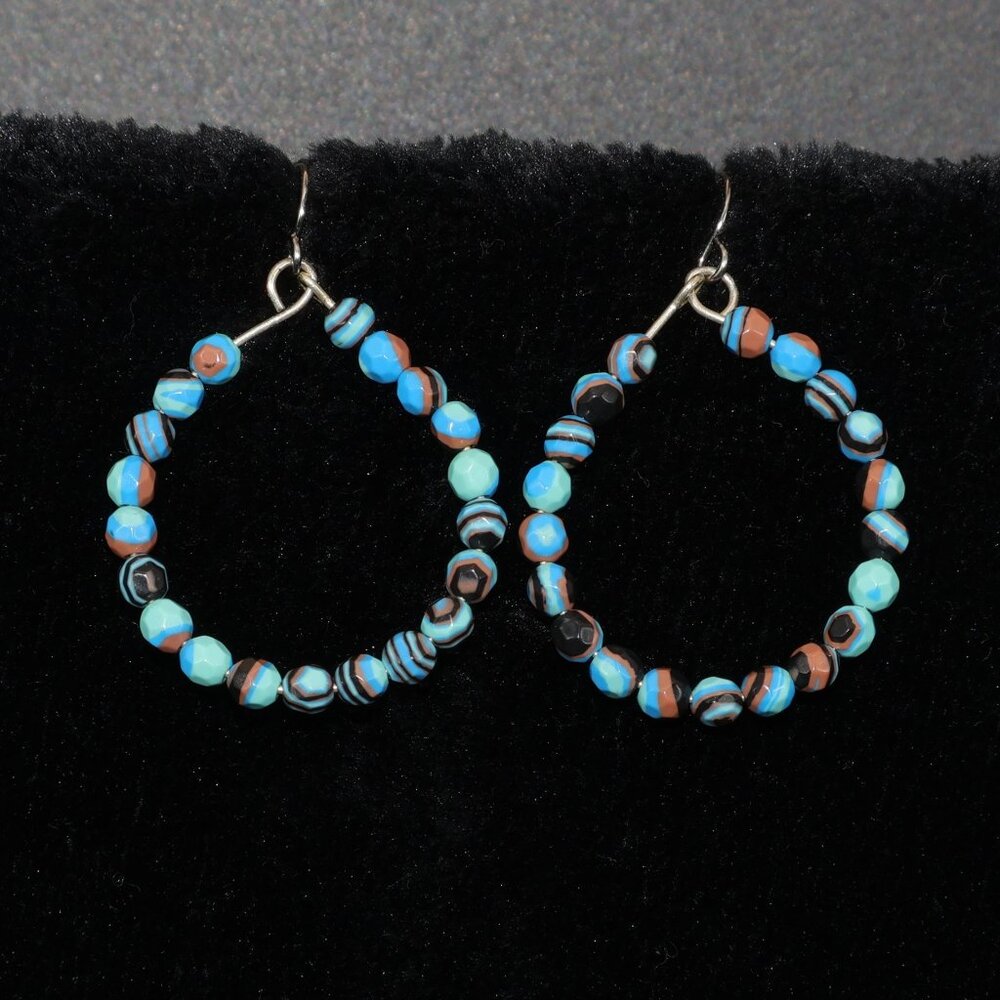 Turquiose blue aurora borealis multicolor beads hoop silver earrings
